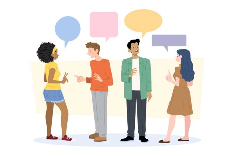 Illustration in a cartoon style of four people with speech bubbles drawn above them