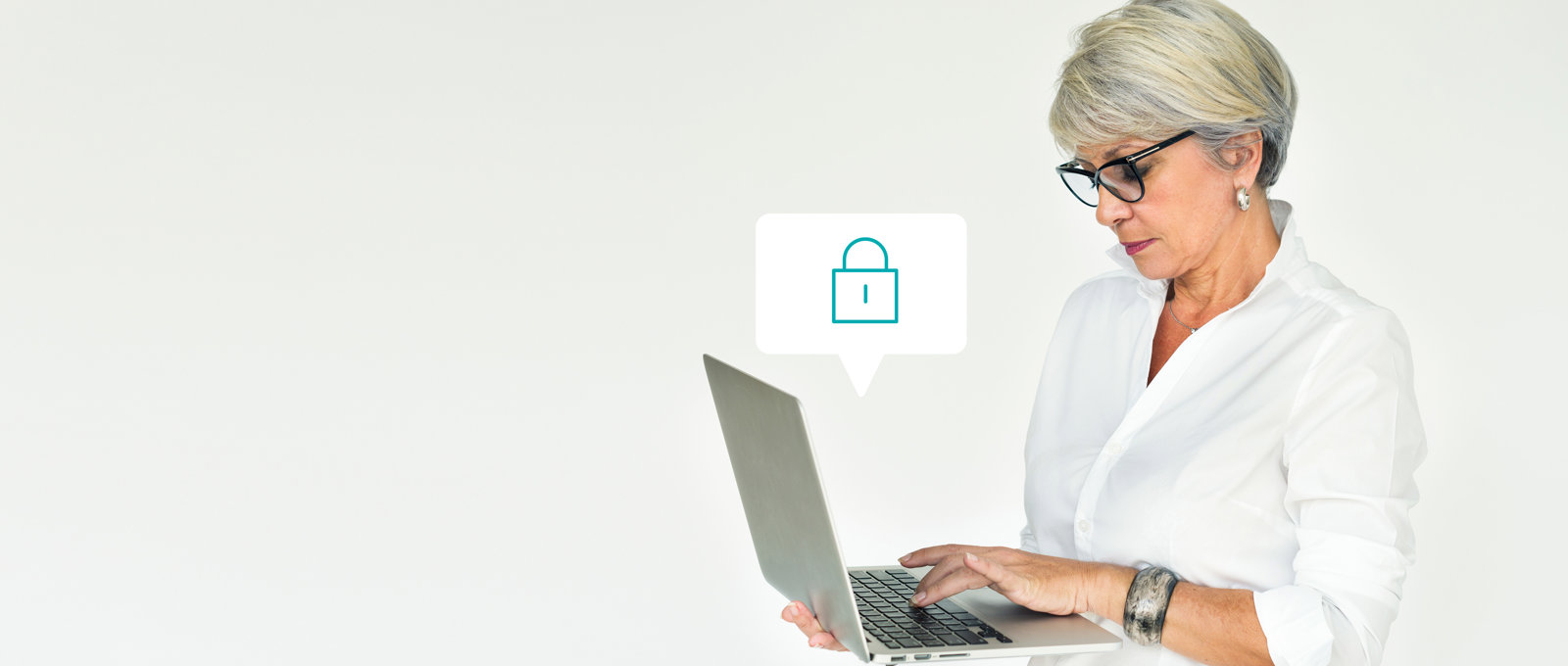 Photo of a woman holding a laptop. An icon of a padlock is floating above the keyboard