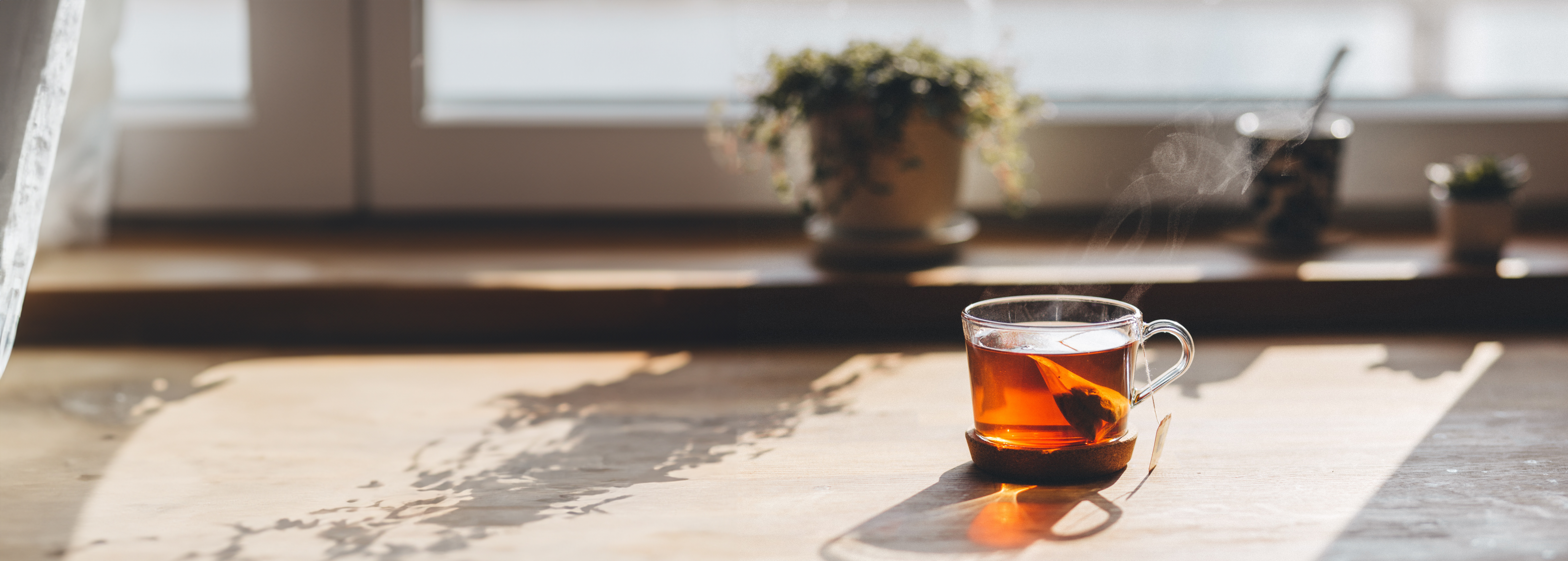 A cup of tea in a glass mug sitting in autumn sunshine