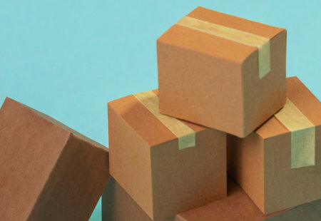 Photograph of several brown cardboard parcels stacked against a turquoise background