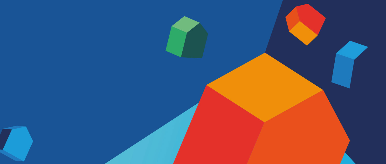 A stack of house-shaped 3D blocks in front of a multicoloured blue background