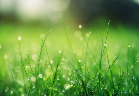 Soft focus shot of dew on blades of grass