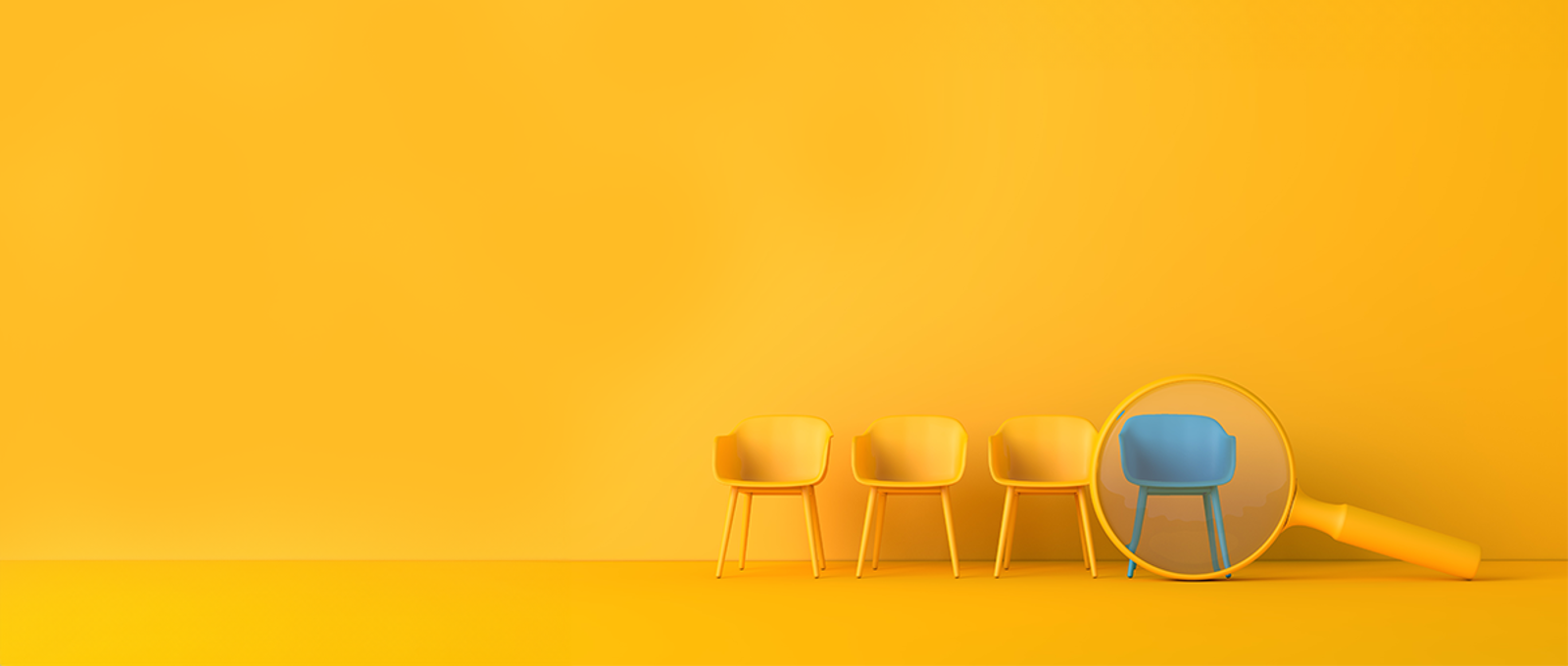 Job search, yellow chairs with a magnifying glass over a blue chair