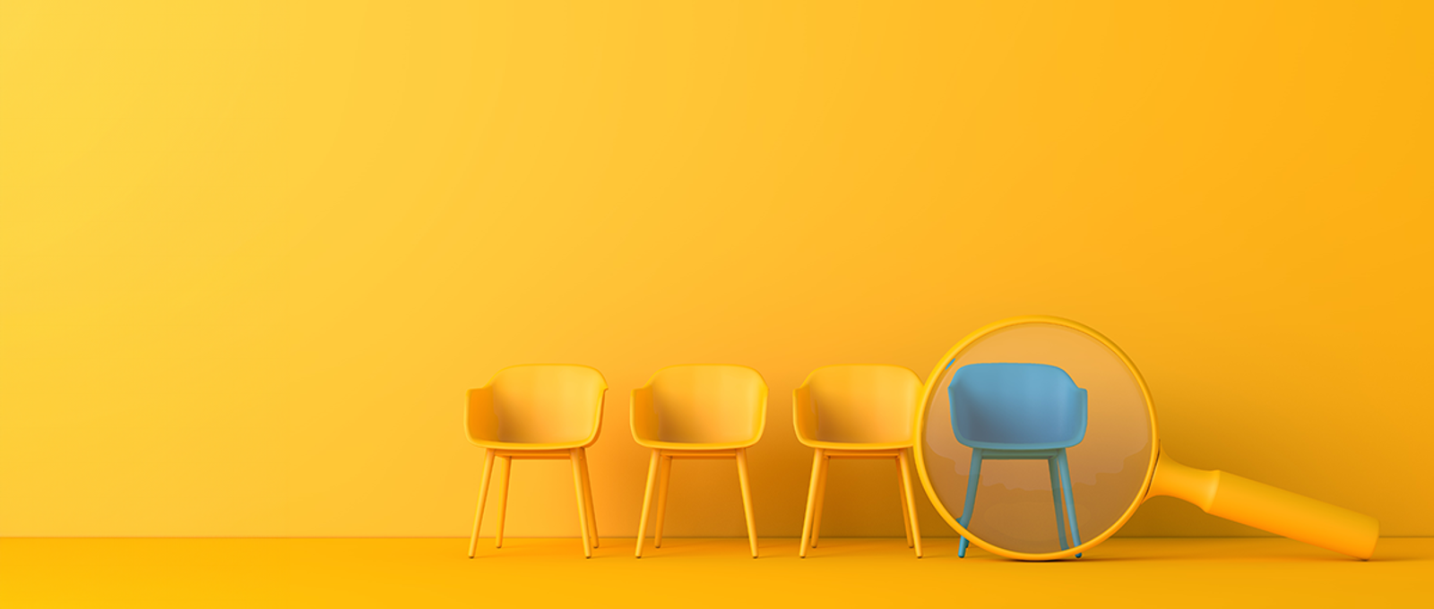 Job search, yellow chairs with a magnifying glass over a blue chair