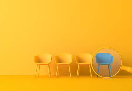 Job search, yellow chairs with a magnifying glass over a blue chair
