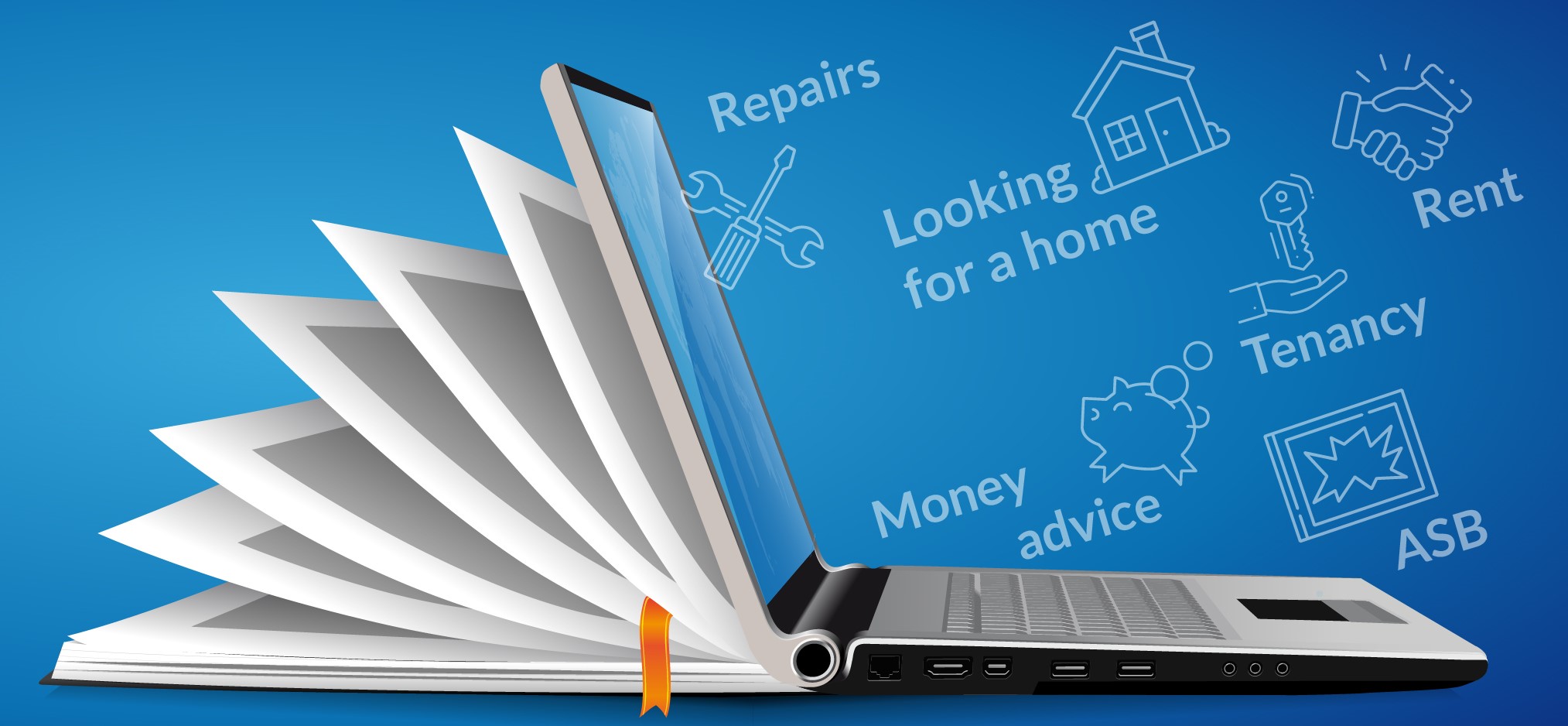 Digital graphic advertising pages the Futures website. Illustration shows a laptop from the side with a notebook coming out of the back of it and icons and text such as 'repairs' 'money advice'