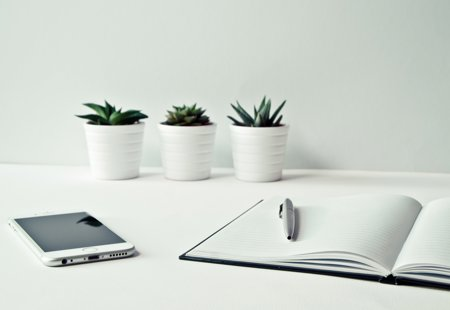 A notebook and pen sit on a white desk beside an iPhone and three small succulents in white pots. 