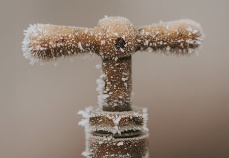Close up photo of a copper tap handle covered in frost and ice crystals