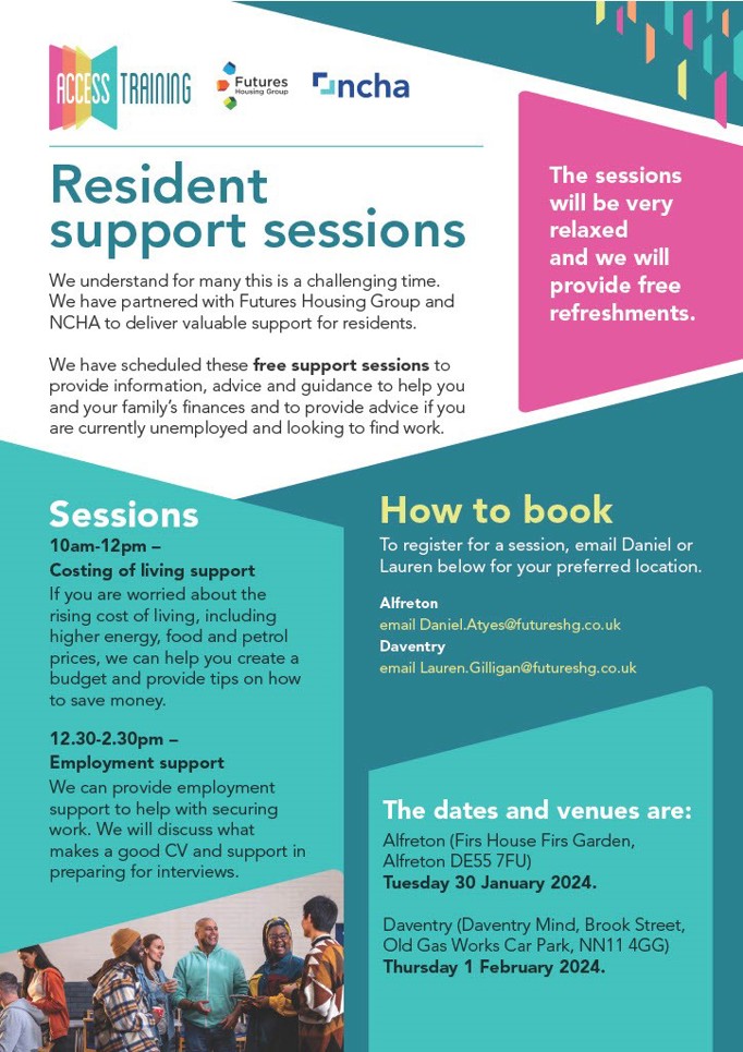A poster advertising resident support sessions with Access Training