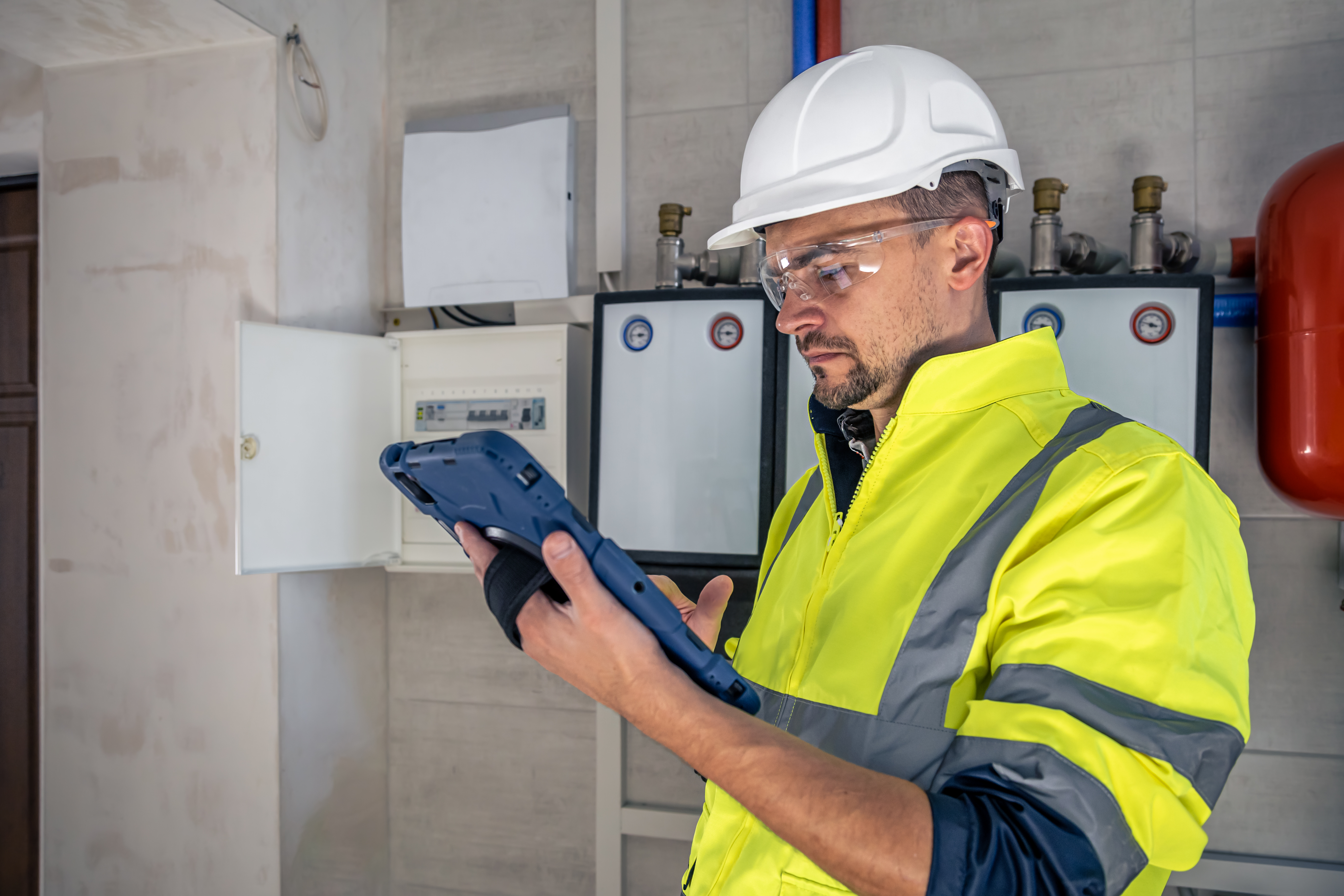 electrical technician looking focused while working switchboard with fuses
