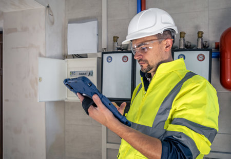 electrical technician looking focused while working switchboard with fuses