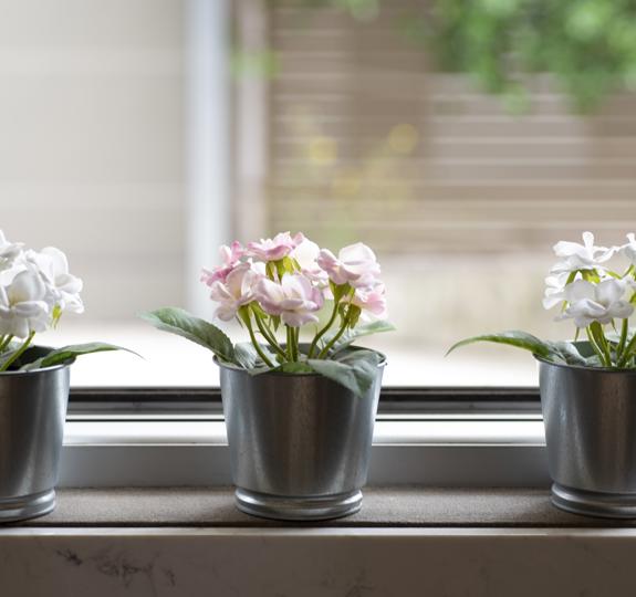 Window Sill With Three Flowerpots Blurred Background