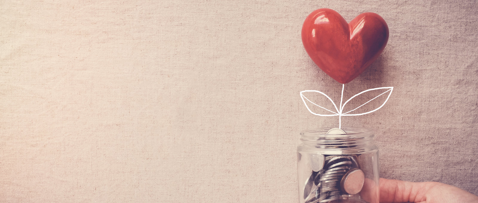 Hand Holding Jar Heart Tree Growing Money Coins