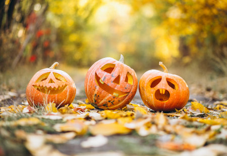 Three Cute Halloween Pumpkins Autumn Park