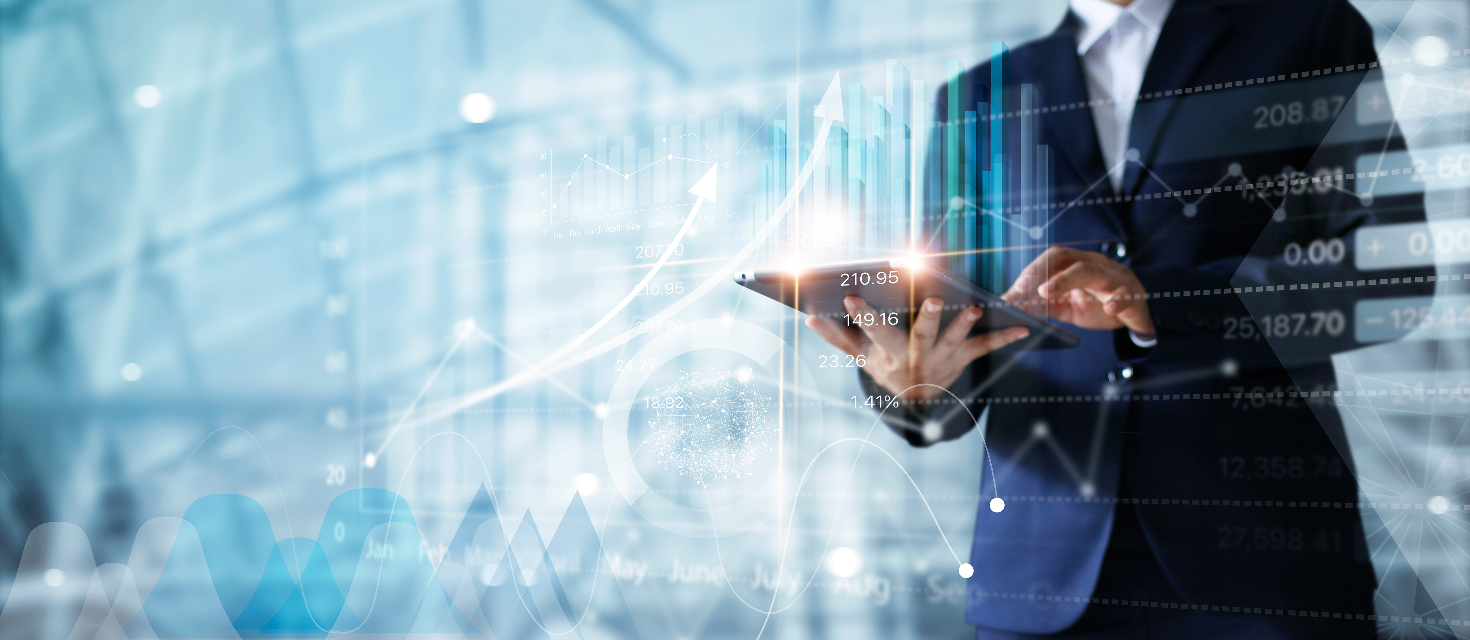 Businessman Using Tablet Analyzing Sales Data Economic Growth Graph Chart