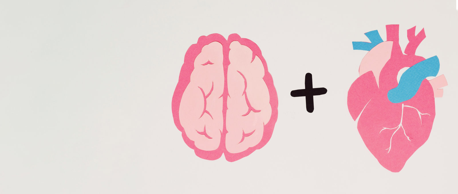 Illustration of a brain and a heart with a plus sign in between the two