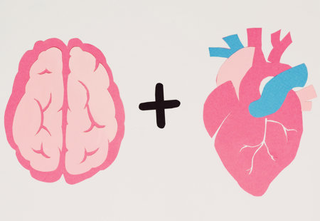 Illustration of a brain and a heart with a plus sign in between the two