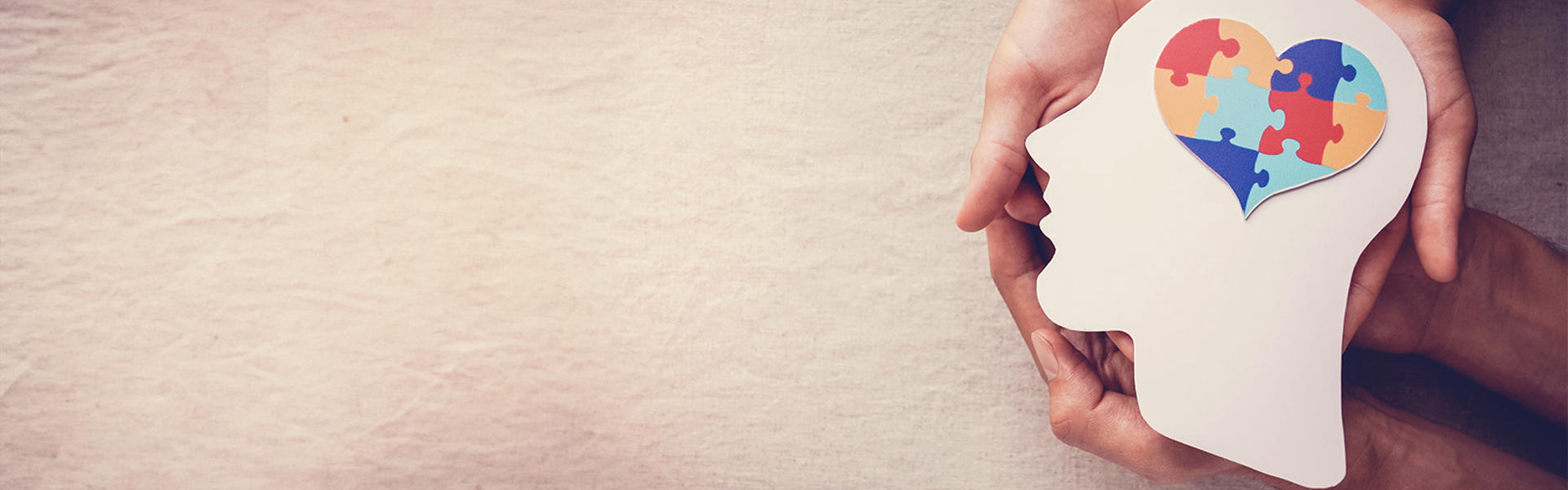 Hands Holding A Cut Out Of A Head With Jigsaw Puzzle Pieces For The Brain