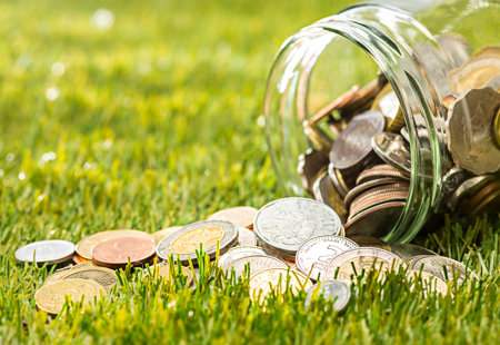 Coins Glass Jar Money Green Grass