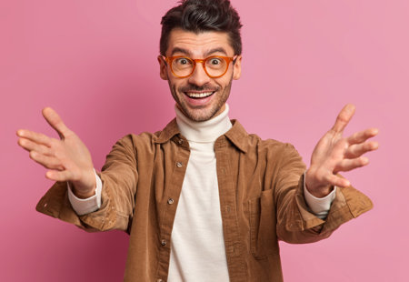Photo of a young man in front of a pink background - he is smiling and holding out his arms in a welcoming gesture