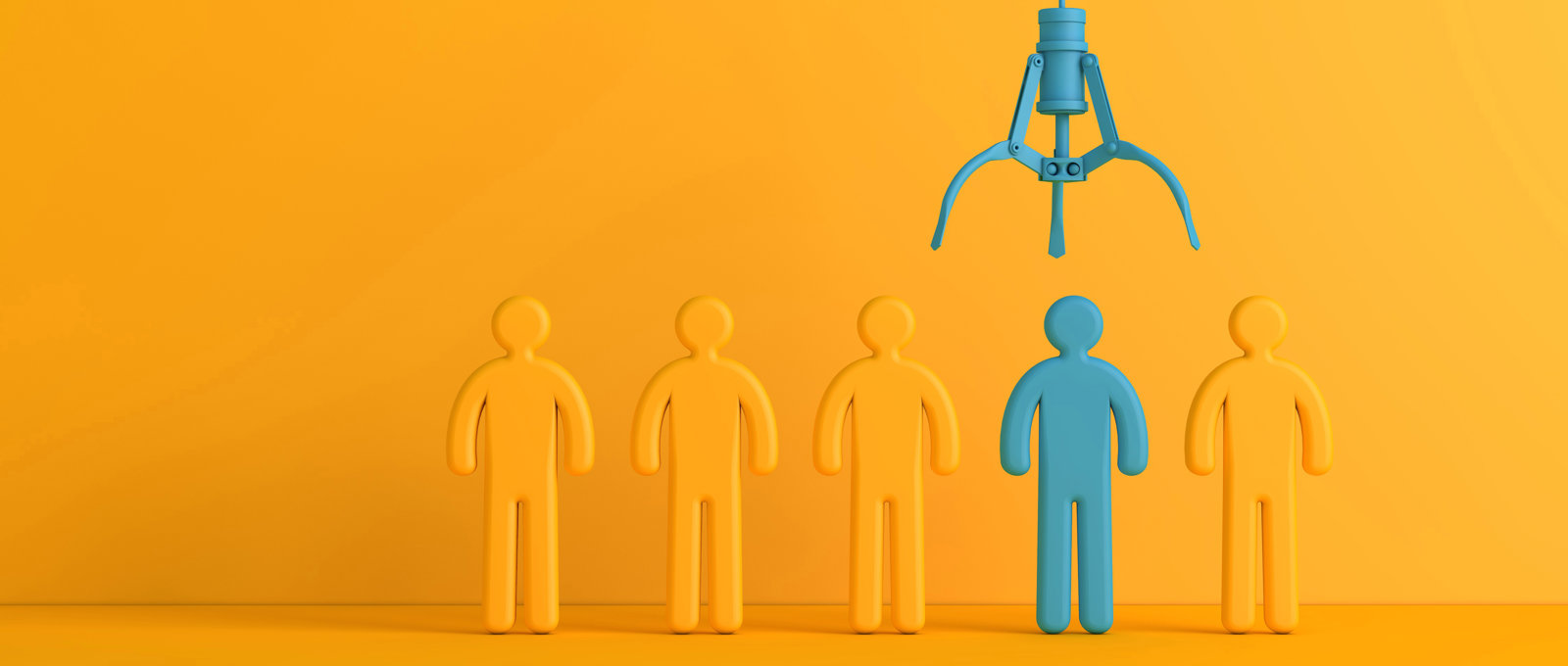 Photo of five 'cut out' figures standing against a bright orange background. Four figures are orange too. One is light blue and a blue 'grabber' is hanging above the blue figure.