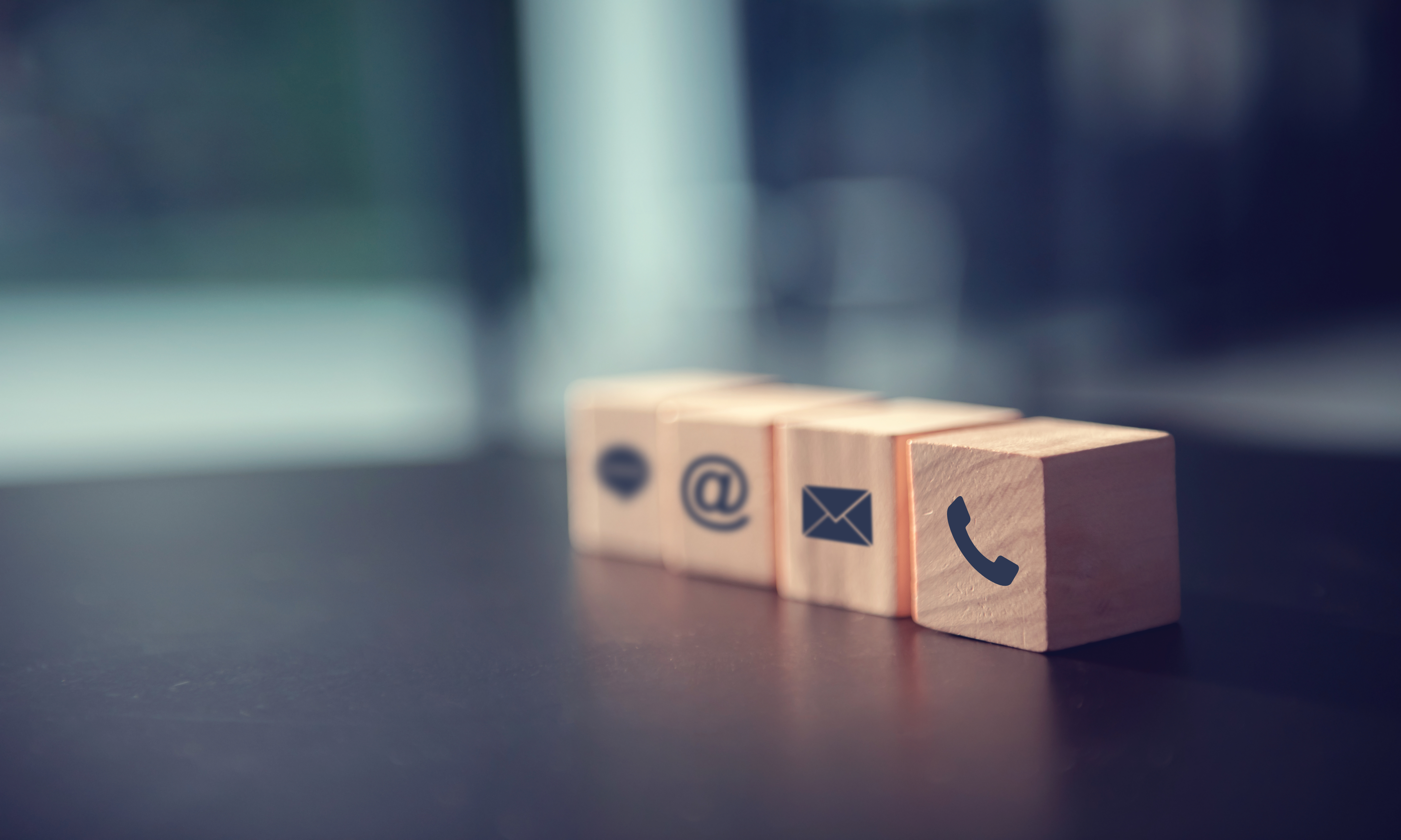 Contact Us Concept Wood Block Symbol Telephone Mail Address Desk