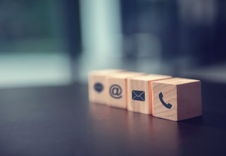 Contact Us Concept Wood Block Symbol Telephone Mail Address Desk