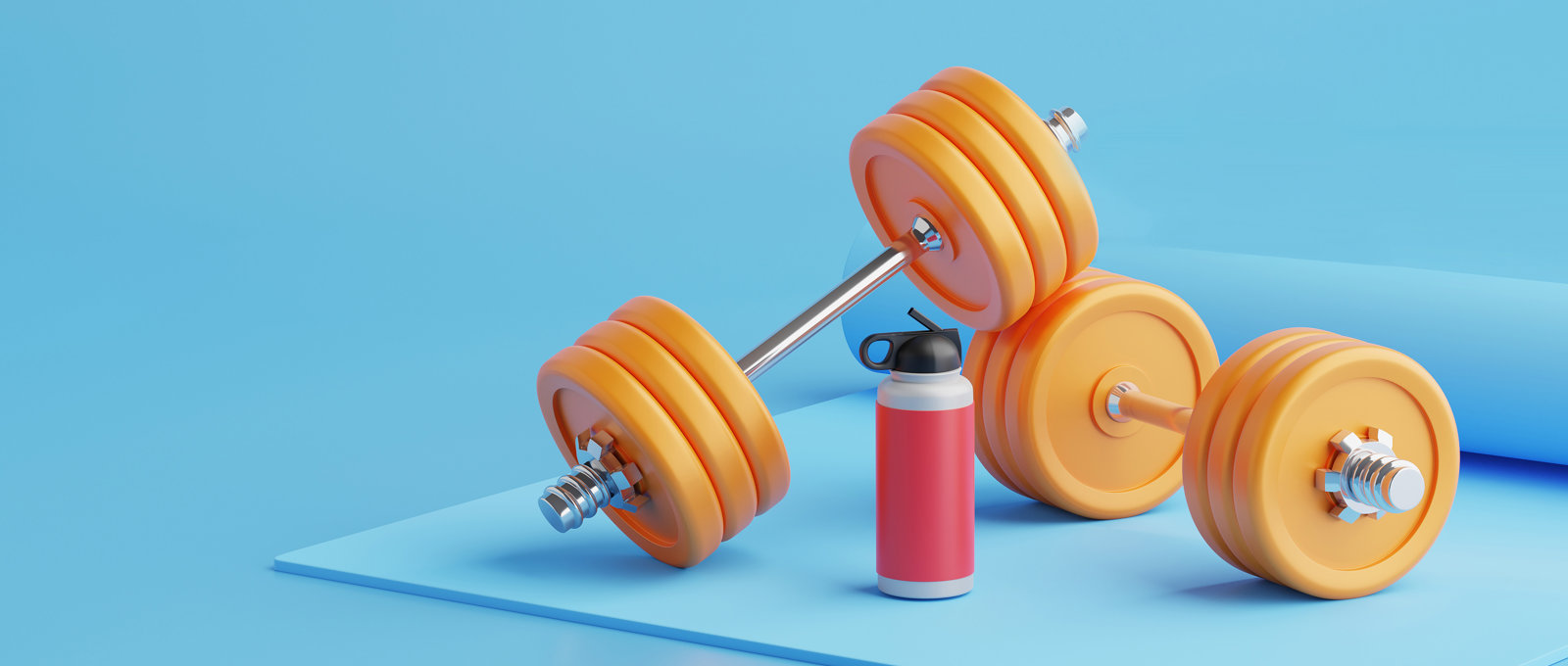 Photo of some exercise weights and a water bottle lying on a blue exercise mat against a blue background