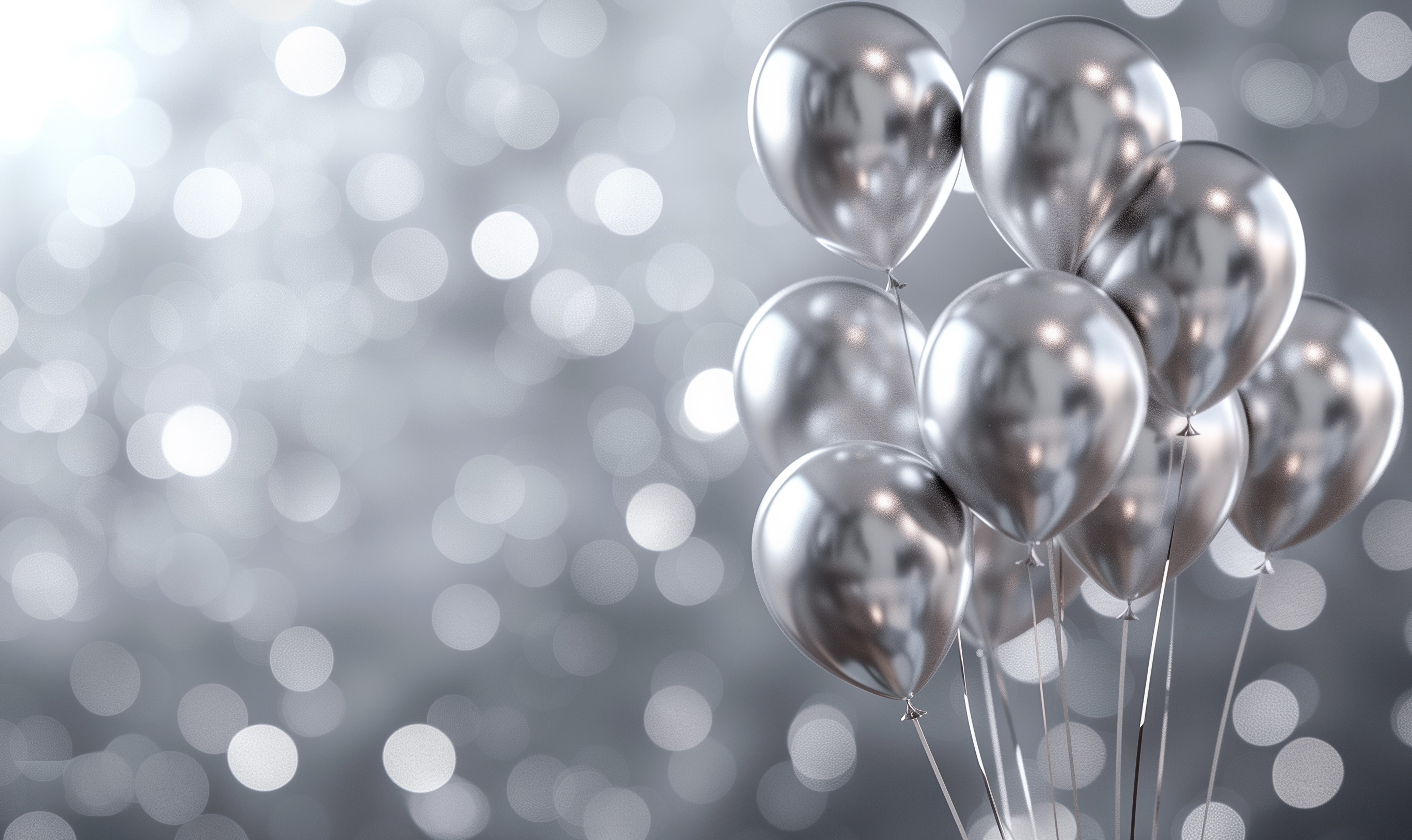 Bunch of silver balloons on a sparkly background