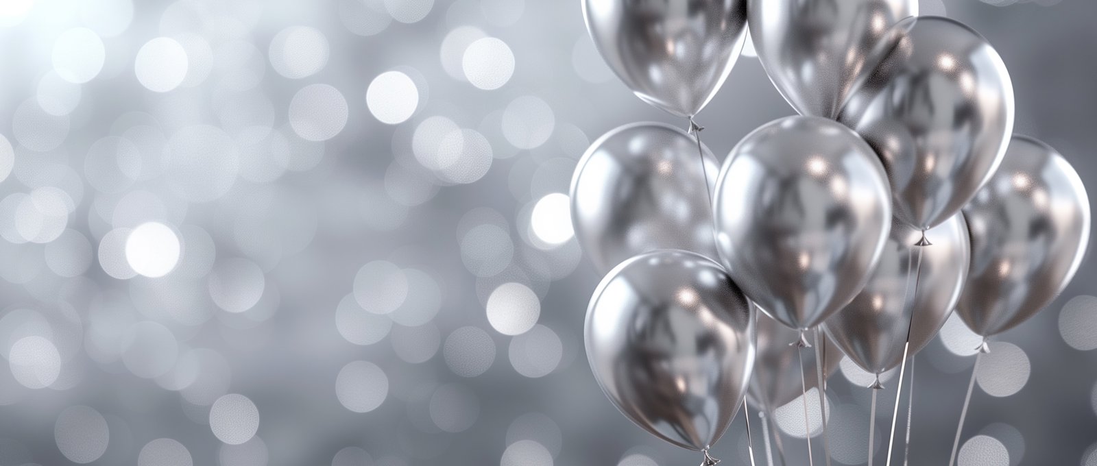 Bunch of silver balloons on a sparkly background