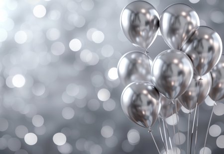 Bunch of silver balloons on a sparkly background