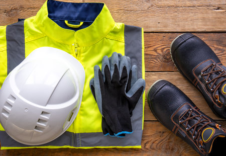 builder uniform wooden background flat lay