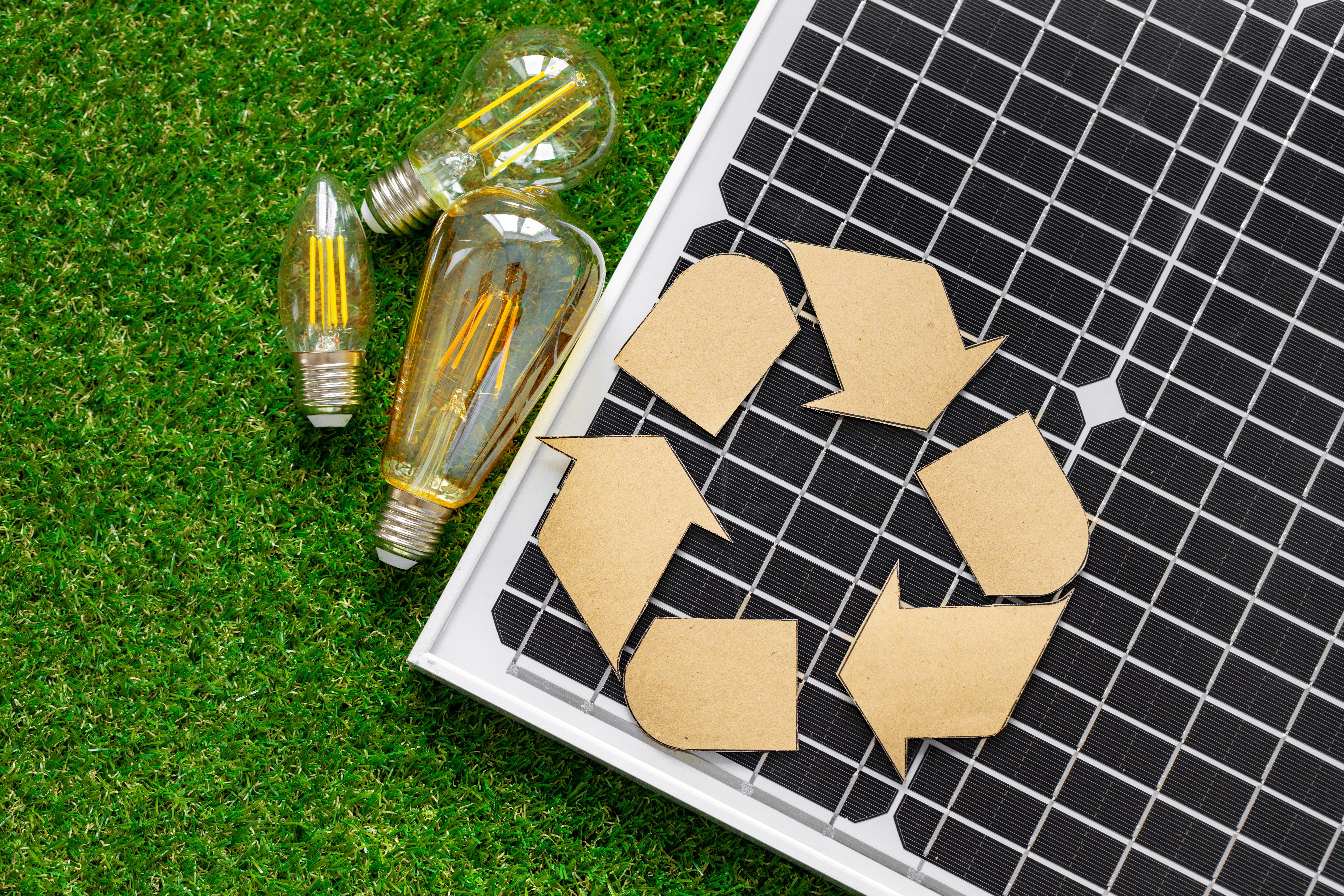 Photo of a solar panel with a paper cut out of the recycling symbol on top of it, together with some low energy lightbulbs, all lying on grass