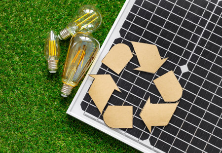 Photo of a solar panel with a paper cut out of the recycling symbol on top of it, together with some low energy lightbulbs, all lying on grass