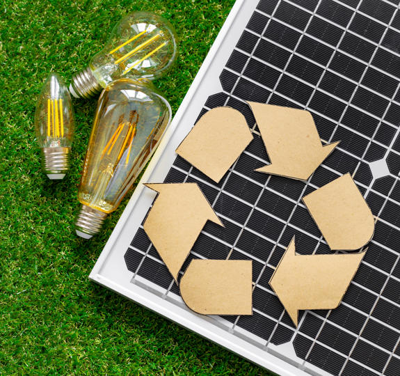 Photo of a solar panel with a paper cut out of the recycling symbol on top of it, together with some low energy lightbulbs, all lying on grass