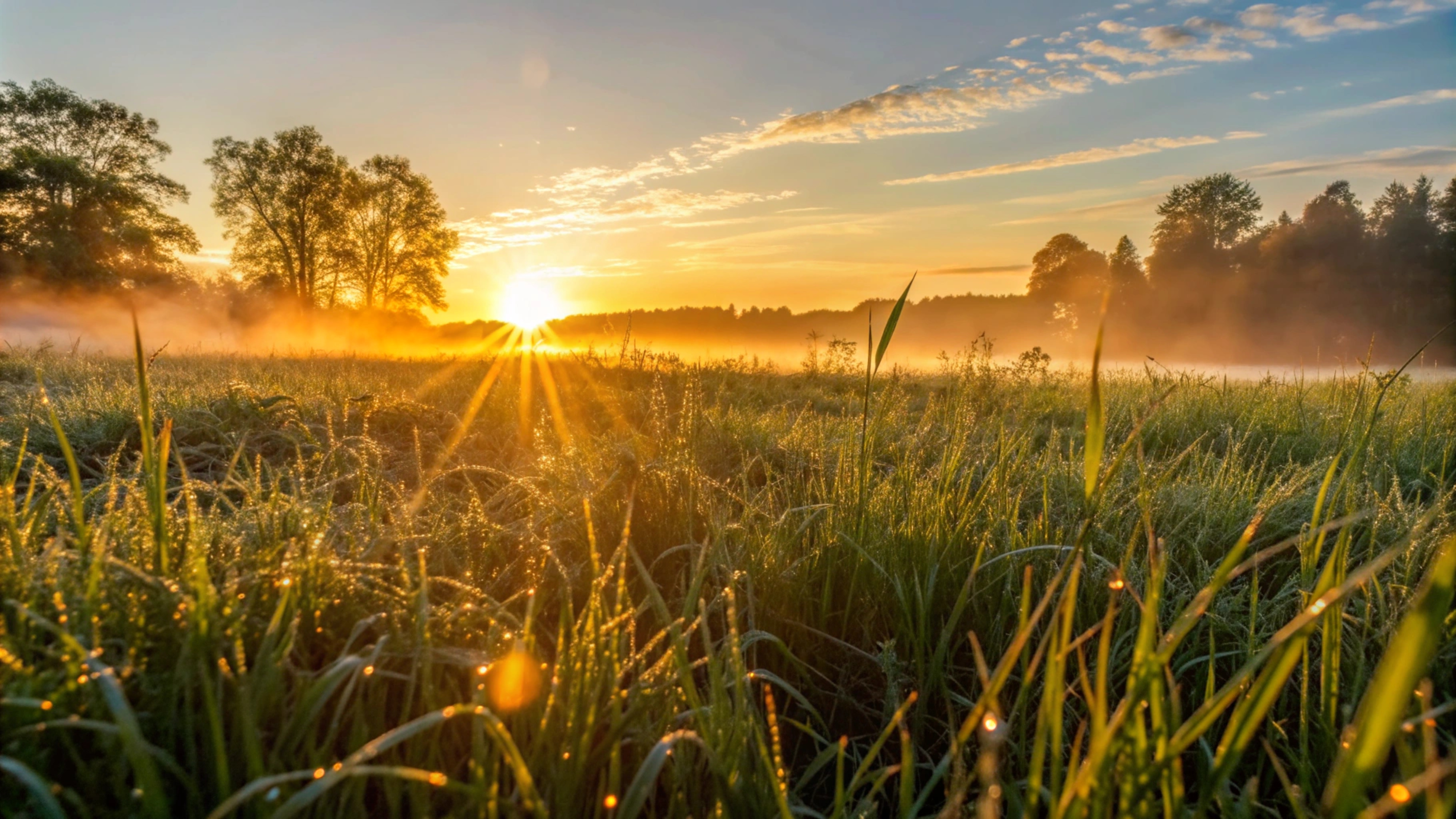 Photo of a golden sunrise in a dewy field