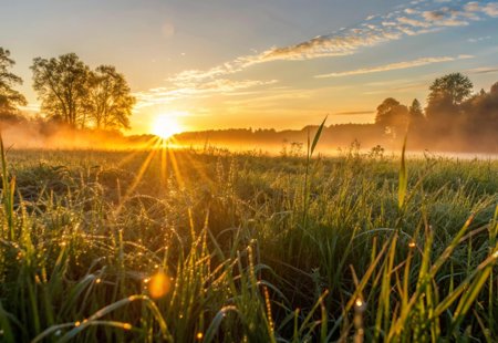 Photo of a golden sunrise in a dewy field