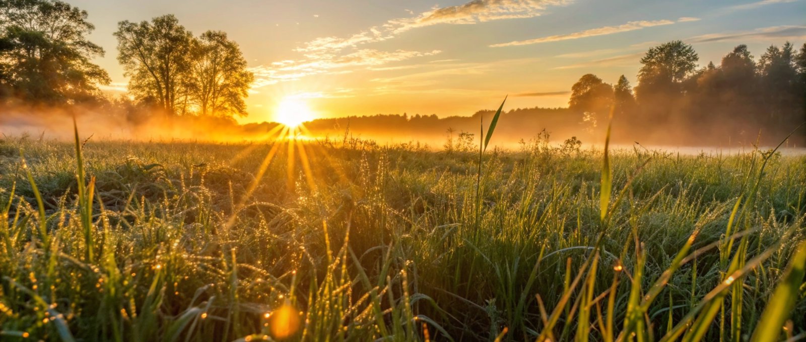 Photo of a golden sunrise in a dewy field