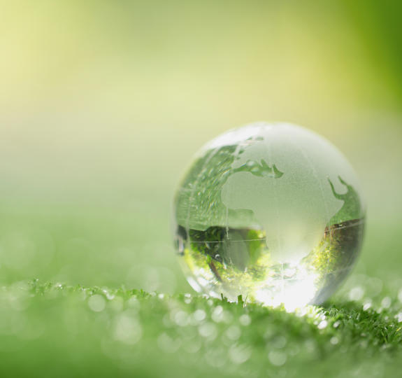 close up photo of a glass ball engraved to look like Earth sitting on grass