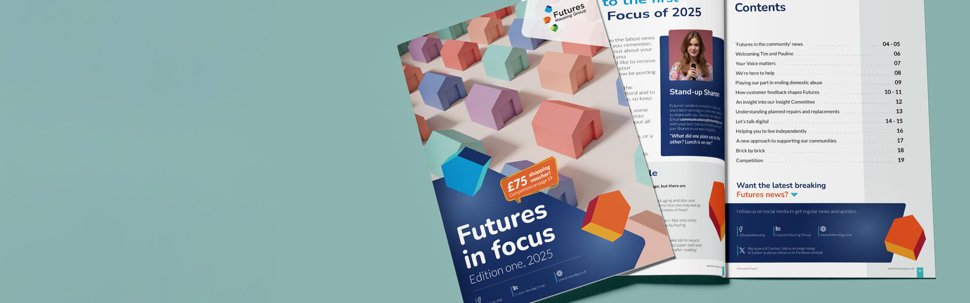 Futures in Focus magazine open, showing introduction and contents page