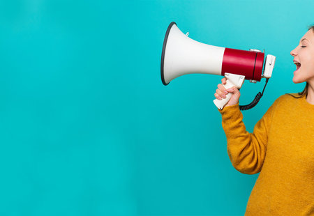 Woman With Megaphone, Blue Background