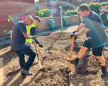 Photo of three colleagues digging into the ground