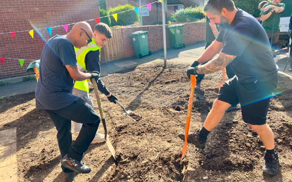 Photo of three colleagues digging into the ground