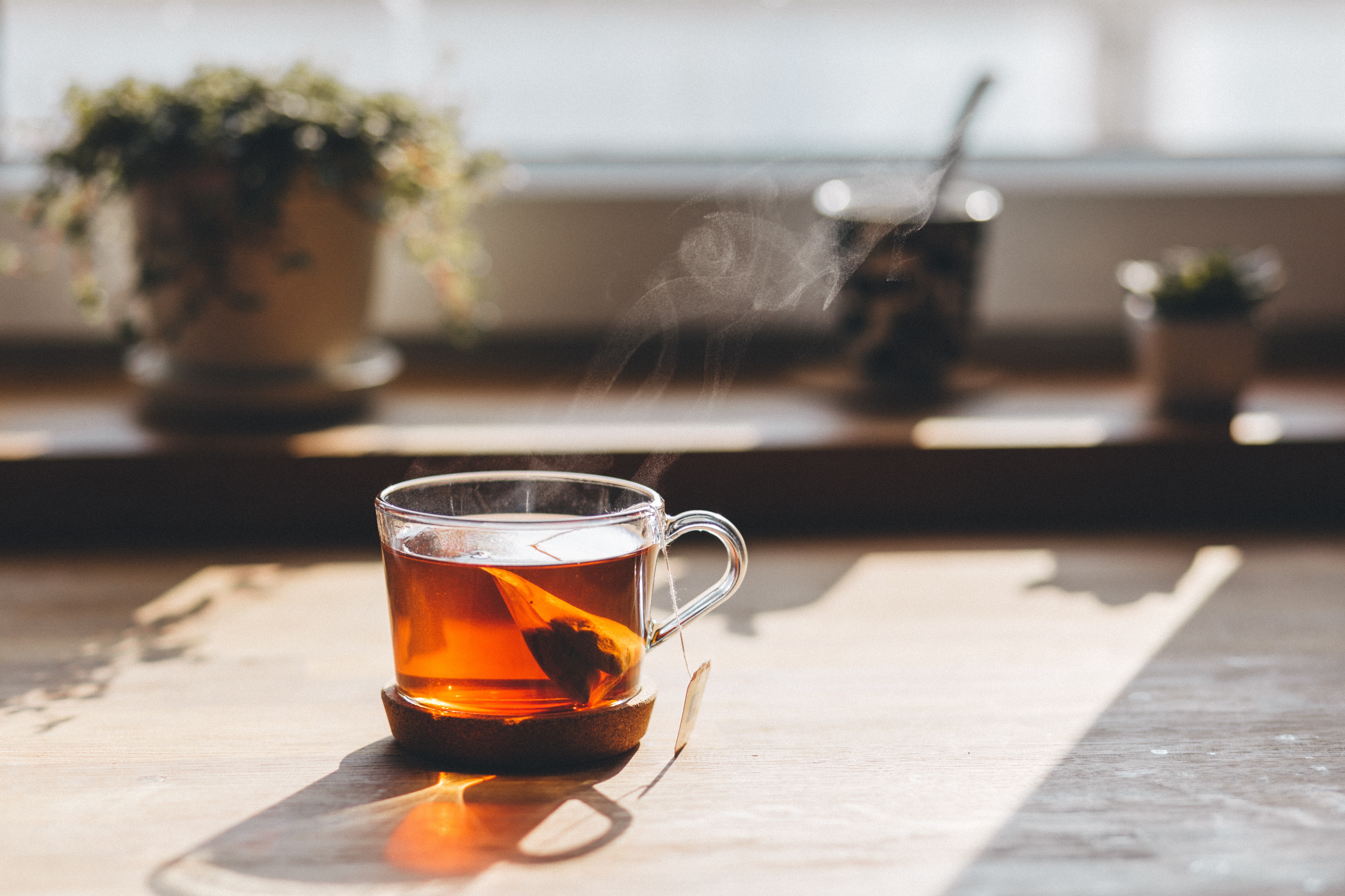 A cup of tea in a glass mug sitting in autumn sunshine