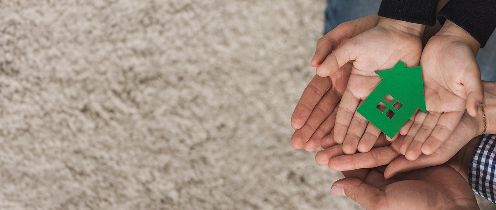 Group Of Hands With Cut Out Of Green House In Their Palms