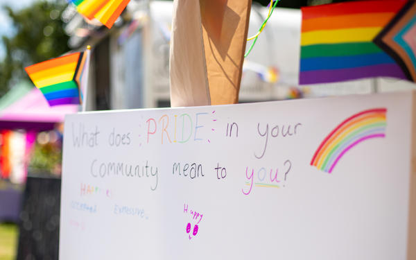 A canvas reading "What does Pride in your community mean to you" in rainbow colours, surrounded by Pride flags