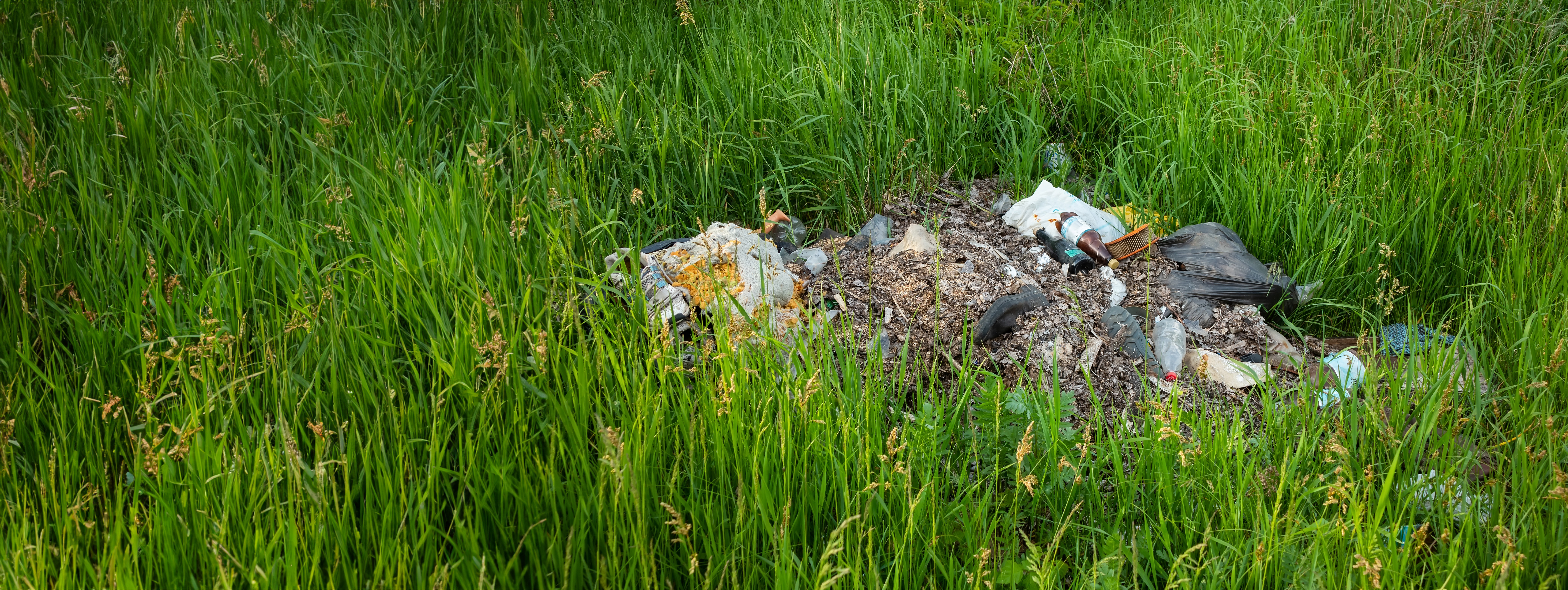 Photo of rubbish and waste dumped in the middle of a grassy area