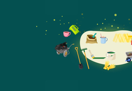 Numerous animated icons, such as wheelbarrow, kettle, wellies and other gardening and DIY activities on a green background