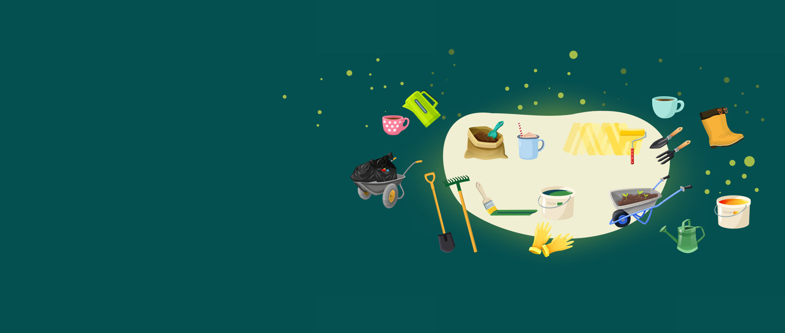 Numerous animated icons, such as wheelbarrow, kettle, wellies and other gardening and DIY activities on a green background