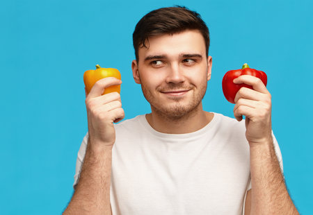 Photo of a man holding a red pepper in one hand and a yellow pepper in the other hand. Standing in front of a blue background